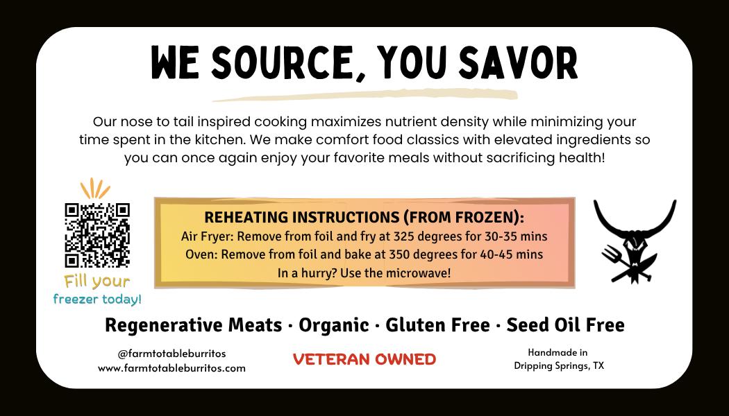 Product label with text about sourcing, cooking methods, and product details on a white background.