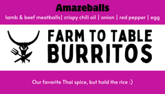 Amazeballs burritos advertisement with text on a purple background