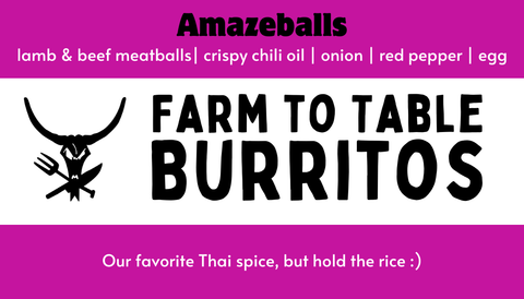Amazeballs burritos advertisement with text on a purple background