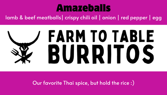 Amazeballs burritos advertisement with text on a purple background