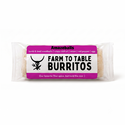 A packaged food product labeled 'Farm to Table Burritos' by Amazeballs, shown in a clear plastic wrap with a bright pink and white label on a plain white background.