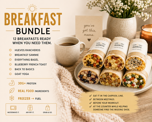 Breakfast bundle promotional graphic showing six wrapped burritos on a plate beside a mug, flowers, and a card, with text listing 12 ready-to-eat breakfast options and features like 30g+ protein and real food ingredients.