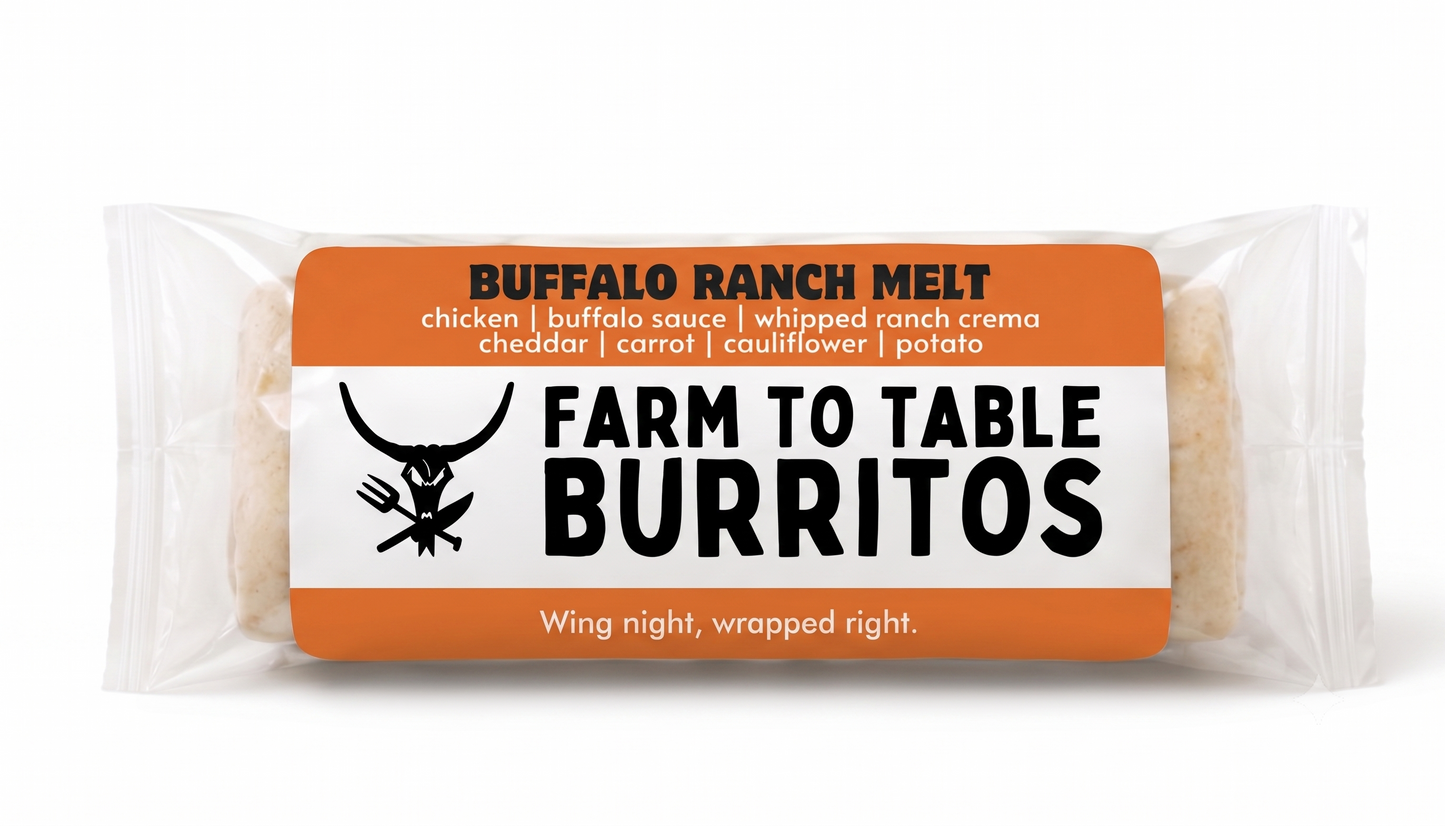 A packaged food product labeled 'BUFFALO RANCH MELT' and 'FARM TO TABLE BURRITOS' in orange, white, and black packaging on a plain white background.