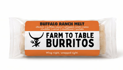 A packaged food product labeled 'BUFFALO RANCH MELT' and 'FARM TO TABLE BURRITOS' in orange, white, and black packaging on a plain white background.