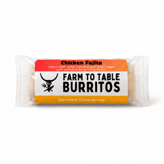 A package of Farm to Table Burritos, Chicken Fajita flavor, sealed in clear plastic with a bright orange, white, and yellow label featuring a black logo and text.