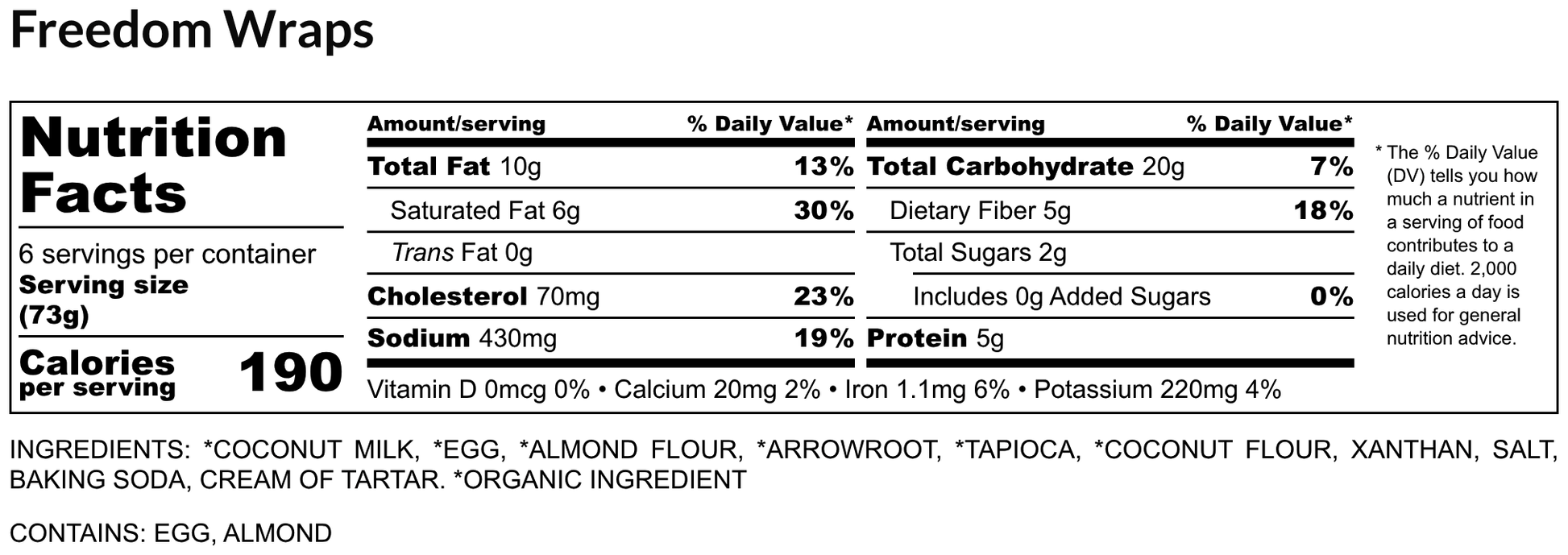 Nutrition facts label for Freedom Wraps with serving size, calories, and ingredient list.