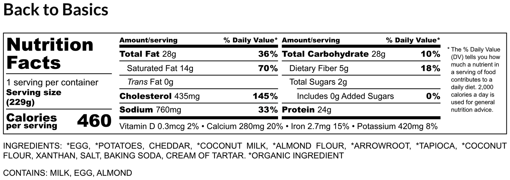 Nutrition facts label for Back to Basics with detailed information including calories, fat content, and ingredients.