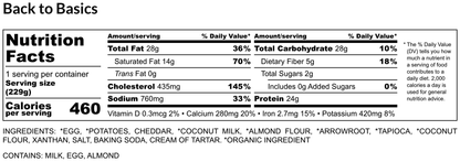 Nutrition facts label for Back to Basics with detailed information including calories, fat content, and ingredients.