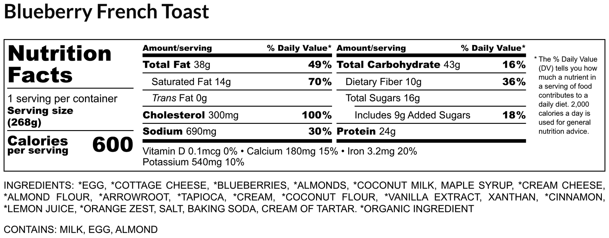 Nutrition facts label for Blueberry French Toast with serving size, calories, and ingredient list.