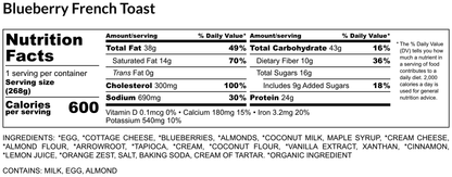 Nutrition facts label for Blueberry French Toast with serving size, calories, and ingredient list.