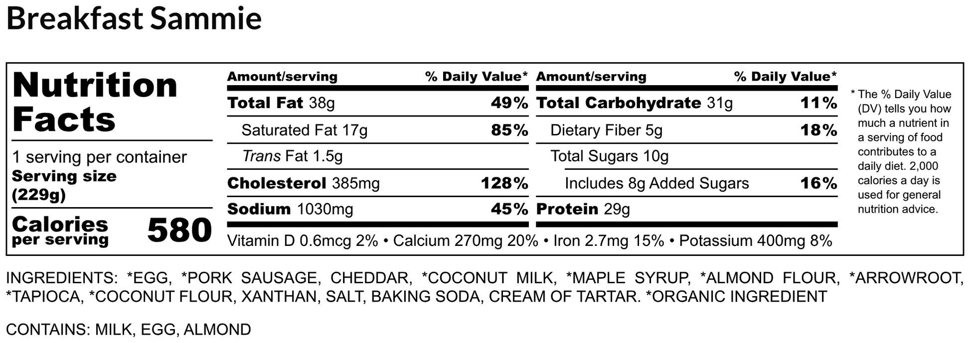 Nutrition facts label for a Breakfast Sammie with serving size, calories, and nutritional values.