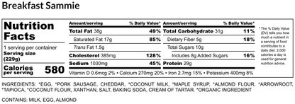 Nutrition facts label for a Breakfast Sammie with serving size, calories, and nutritional values.