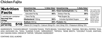 Nutrition facts label for Chicken Fajita with serving size, calories, and ingredient list.