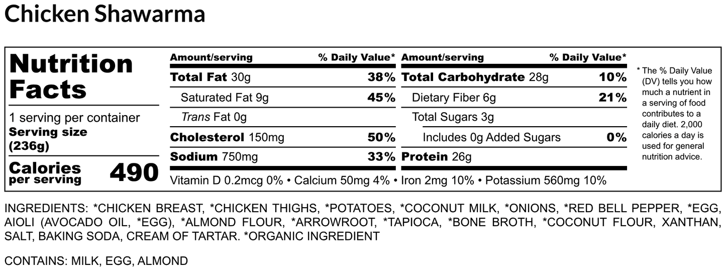 Nutrition facts label for Chicken Shawarma with serving size, calories, and ingredient list.