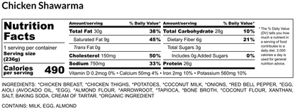 Nutrition facts label for Chicken Shawarma with serving size, calories, and ingredient list.