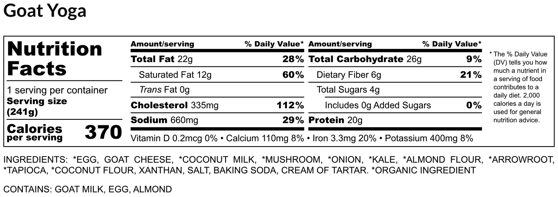 Nutrition facts label for Goat Yoga product