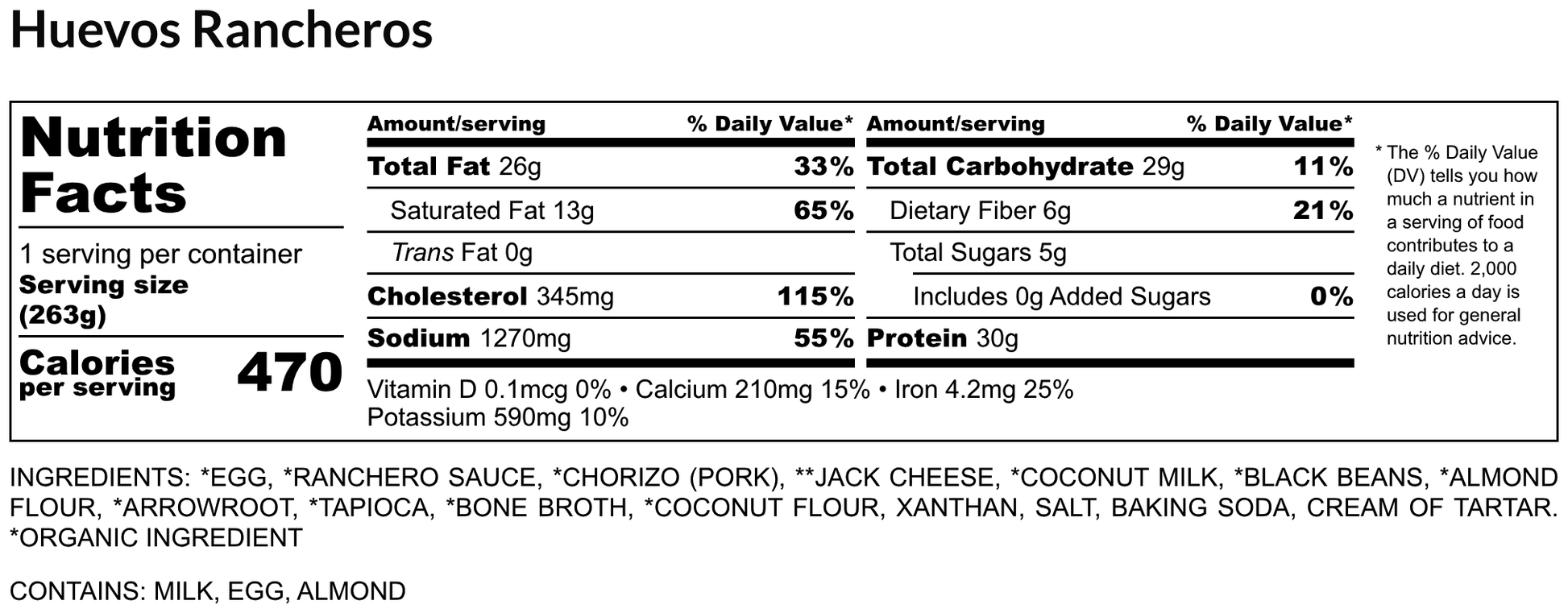 Nutrition facts label for Huevos Rancheros with serving size, calories, and ingredient list.