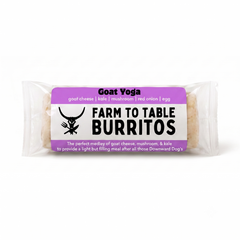 A packaged food product labeled 'Goat Yoga' and 'Farm to Table Burritos' on a clean white background. The burritos are visible through a clear plastic wrapper with a purple and white label featuring black text and a black wolf logo.