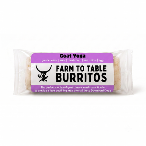 A packaged food product labeled 'Goat Yoga' and 'Farm to Table Burritos' on a clean white background. The burritos are visible through a clear plastic wrapper with a purple and white label featuring black text and a black wolf logo.