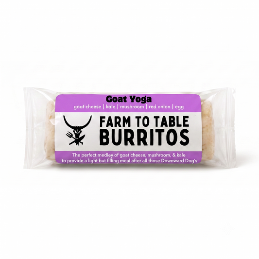 A packaged food product labeled 'Goat Yoga' and 'Farm to Table Burritos' on a clean white background. The burritos are visible through a clear plastic wrapper with a purple and white label featuring black text and a black wolf logo.