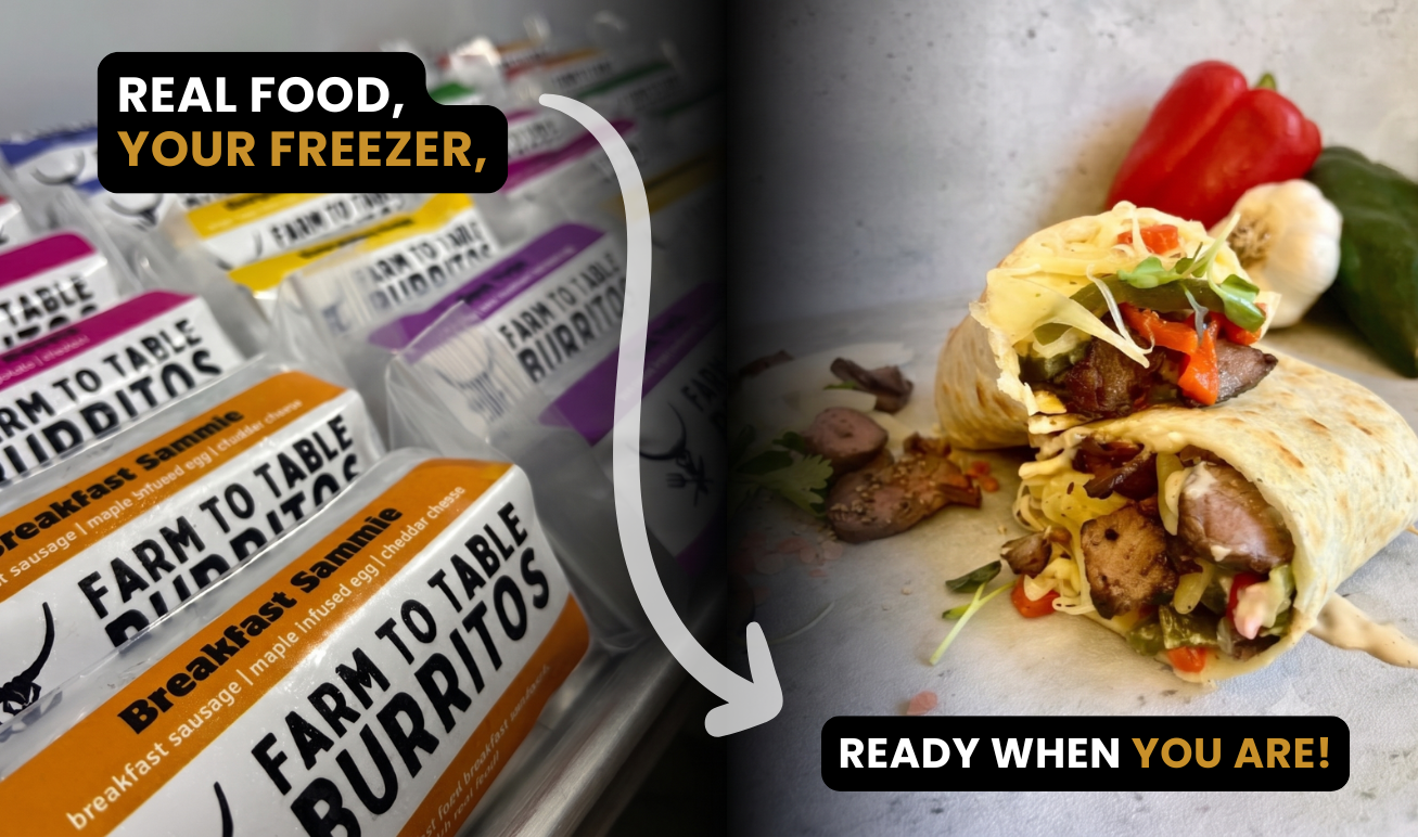 A split promotional image showing packaged burrito wraps in a freezer aisle on the left and a prepared burrito with vegetables on the right. Text overlays read 'REAL FOOD, YOUR FREEZER,' and 'READY WHEN YOU ARE!'.