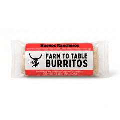 A packaged breakfast burrito labeled 'Farm to Table Burritos' with a red, white, and black label, photographed on a clean white background.