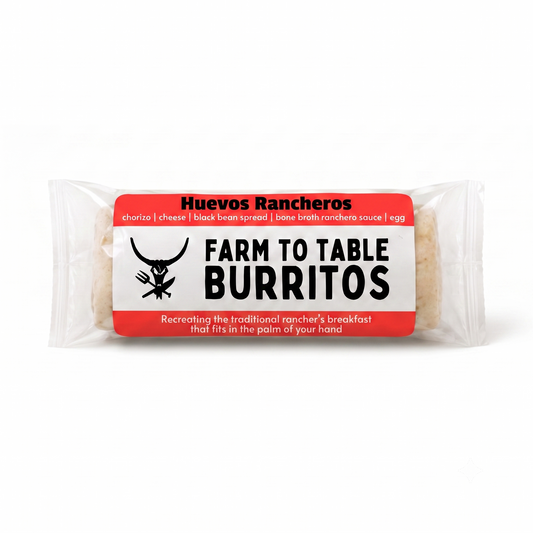 A packaged breakfast burrito labeled 'Farm to Table Burritos' with a red, white, and black label, photographed on a clean white background.
