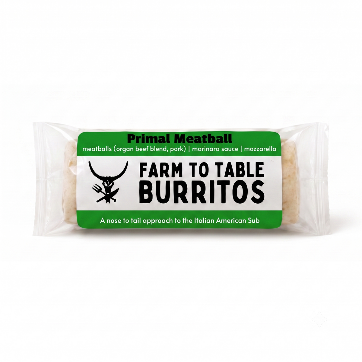 A packaged food product labeled 'Primal Meatball Farm to Table Burritos' in a clear plastic wrapper with a green and white label, shown on a plain white background.