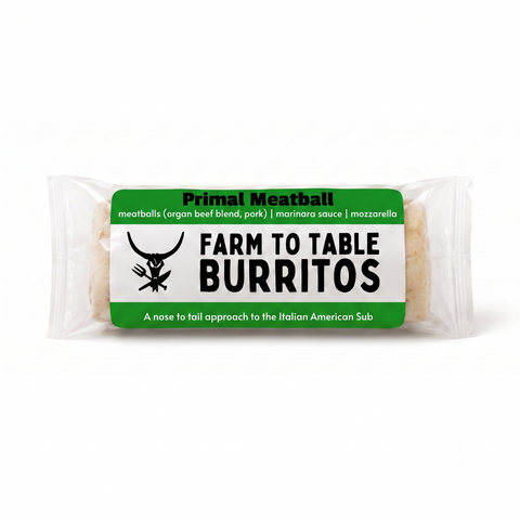 A packaged food product labeled 'Primal Meatball Farm to Table Burritos' in a clear plastic wrapper with a green and white label, shown on a plain white background.