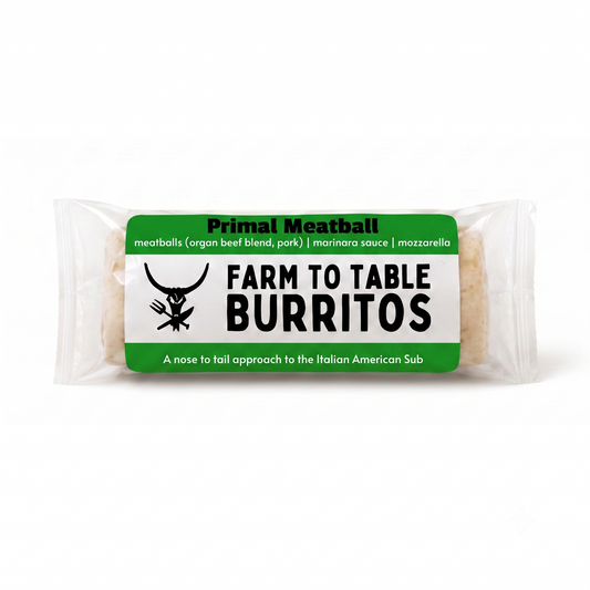 A packaged food product labeled 'Primal Meatball Farm to Table Burritos' in a clear plastic wrapper with a green and white label, shown on a plain white background.