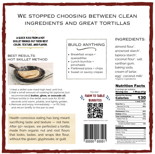 Reheat your Grain-free tortilla used in our gluten-free frozen burritos