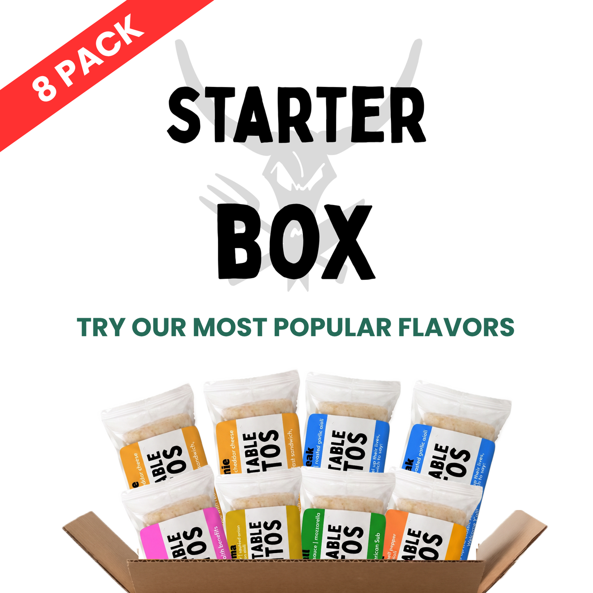 A sampler 8-pack of frozen burritos displayed in a cardboard box on a white background with promotional text.