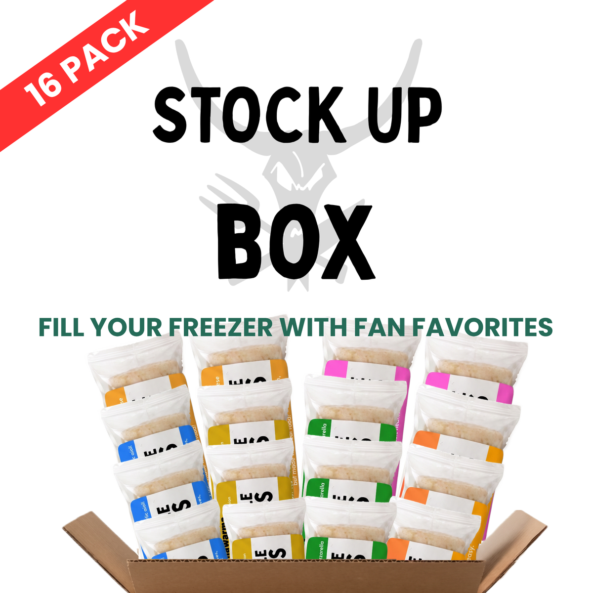 A promotional graphic for a 16-pack stock up box of frozen burritos. The image shows a cardboard box filled with multiple individually wrapped burritos in various colors, with bold text reading 'STOCK UP BOX' and 'FILL YOUR FREEZER WITH FAN FAVORITES' on a white background.